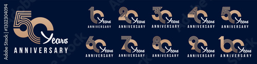 collection anniversary 10 to 100 year logo designs. abstract number for celebration event, wedding, greeting card, and invitation, vector illustration
