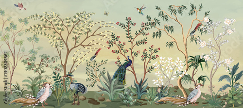 Chinoiserie, Wall Mural, Tropical wall Mural Design, Birds, Peacock.