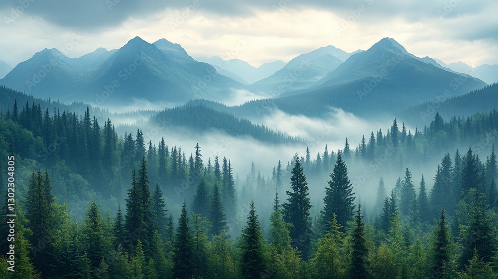 Obraz premium Misty mountain landscape with evergreen forest.