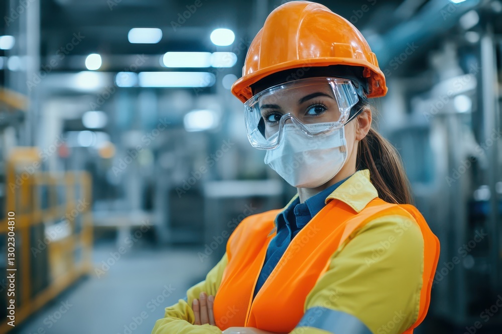 Factory Worker in Protective Gear Made from Recycled Materials in Green-Certified Facility Factory Worker in Protective Gear Made from Recycled Materials in Green-Certified Facility