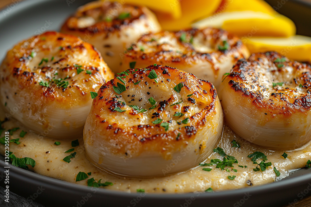 Close-up of a delicious Escargots (A French delicacy of cooked land snails, typically served with garlic butter.) Close-up of a delicious Escargots (A French delicacy of cooked land snails, typically served with garlic butter.)