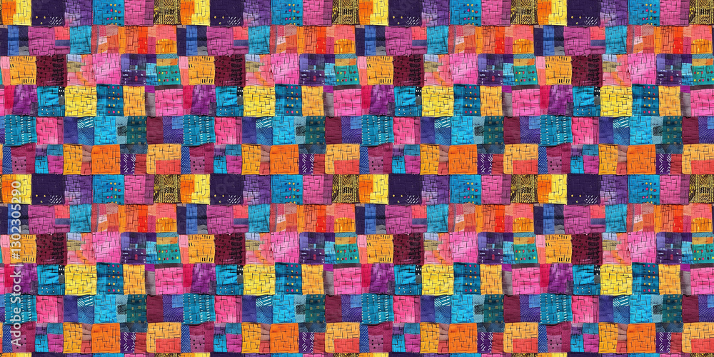 Fototapeta premium Vibrant colorful patchwork quilt with multicolored fabric squares