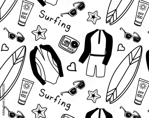 Pattern surfing. Seamless background with surf items. Vector illustration with wetsuits for men and women, sunglasses and surfboards. Illustration of sports and vacation on the beach. 