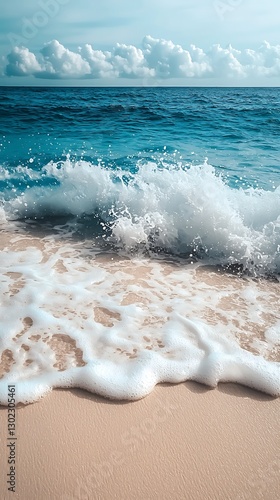 Beach waves splash sand on coast, blue sky