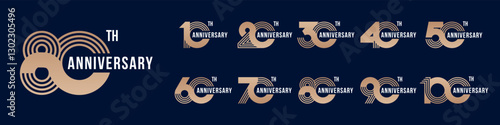 collection anniversary 10 to 100 year logo designs. abstract number for celebration event, wedding, greeting card, and invitation, vector illustration