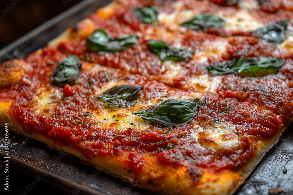 Close-up of a delicious Pizza (A flat, open-faced baked pie of Italian origin, topped with tomato sauce, cheese, and various toppings.) Close-up of a delicious Pizza (A flat, open-faced baked pie of Italian origin, topped with tomato sauce, cheese, and various toppings.)