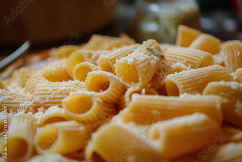 Close-up of a delicious Pasta (A staple of Italian cuisine, coming in various shapes and sizes, typically made from durum wheat and served with sauces.) photo