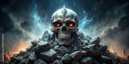 A fearsome silver demon skull is perched atop a pile of ancient, crumbling stones, emitting an otherworldly aura and radiating malevolent energy, ancient stones, malevolent energy
