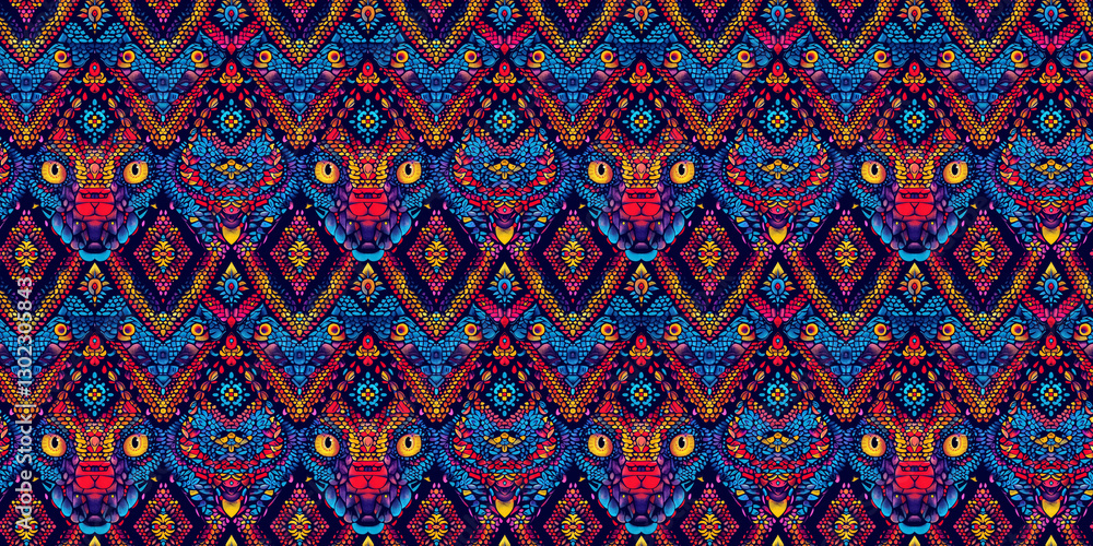 Colorful abstract pattern with symmetrical geometric shapes and animal features Colorful abstract pattern with symmetrical geometric shapes and animal features