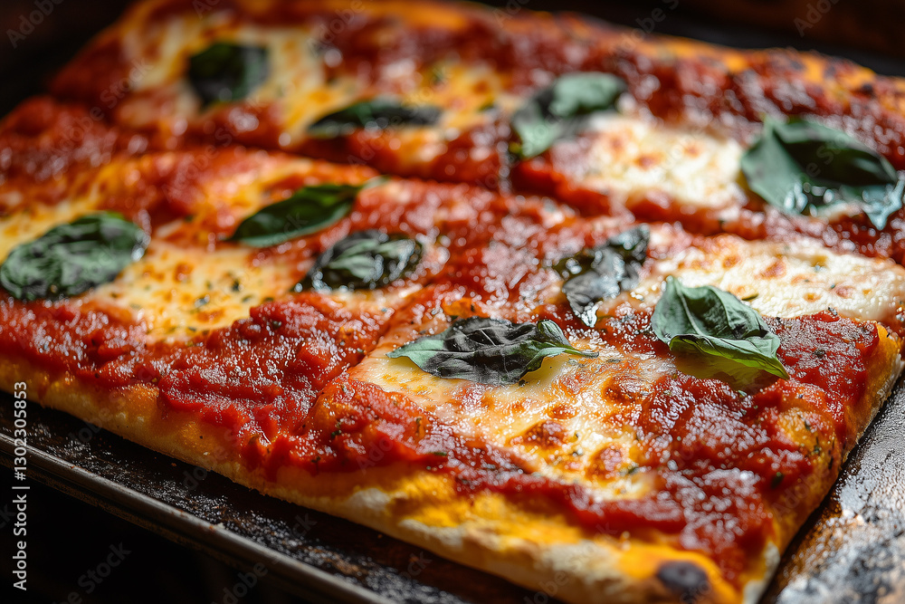 Close-up of a delicious Pizza (A flat, open-faced baked pie of Italian origin, topped with tomato sauce, cheese, and various toppings.) Close-up of a delicious Pizza (A flat, open-faced baked pie of Italian origin, topped with tomato sauce, cheese, and various toppings.)
