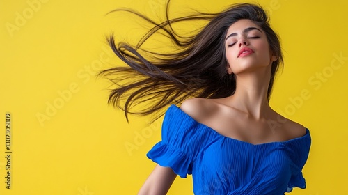 Woman, blue dress, yellow background, hair flowing, beauty shot, stock photo
