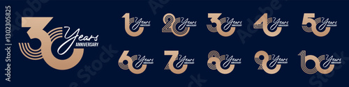collection anniversary 10 to 100 year logo designs. abstract number for celebration event, wedding, greeting card, and invitation, vector illustration
