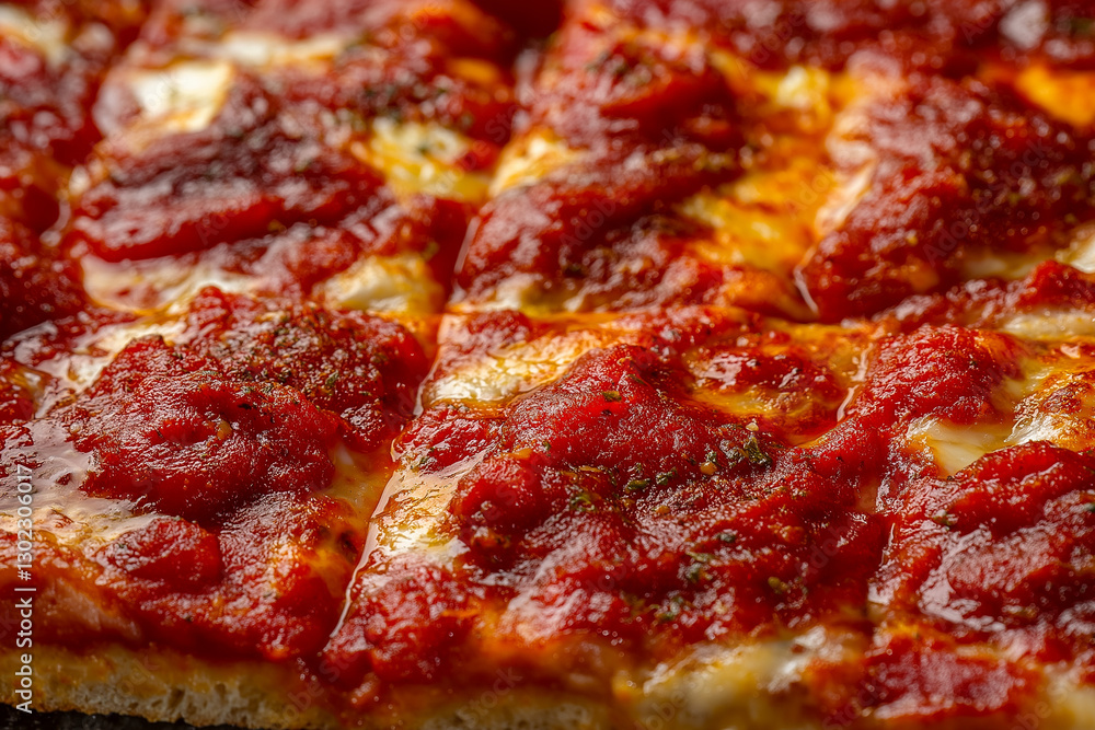 Close-up of a delicious Pizza (A flat, open-faced baked pie of Italian origin, topped with tomato sauce, cheese, and various toppings.) Close-up of a delicious Pizza (A flat, open-faced baked pie of Italian origin, topped with tomato sauce, cheese, and various toppings.)