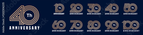 collection anniversary 10 to 100 year logo designs. abstract number for celebration event, wedding, greeting card, and invitation, vector illustration