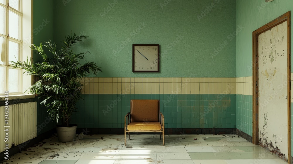 Fototapeta premium Abandoned room with chair, plant, clock, and peeling paint. Concept of decay, abandonment, and neglect.
