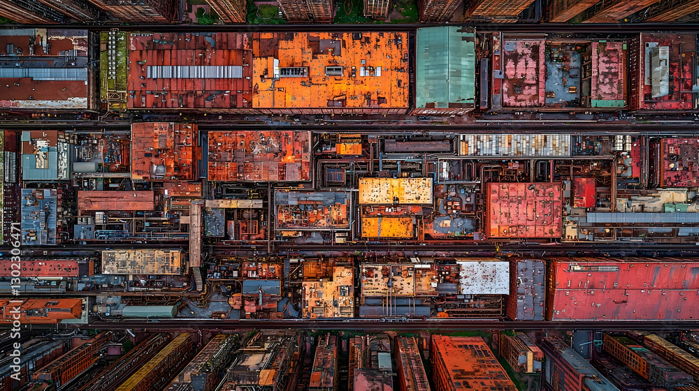 Obraz premium Aerial view of a dense urban industrial complex, colorful rooftops, and towering buildings