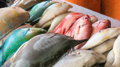 various fresh seafood on sale in fish market