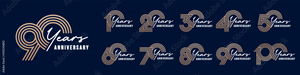 collection anniversary 10 to 100 year logo designs. abstract number for celebration event, wedding, greeting card, and invitation, vector illustration collection anniversary 10 to 100 year logo designs. abstract number for celebration event, wedding, greeting card, and invitation, vector illustration