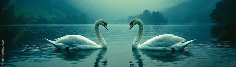 Obraz premium Swans gliding on a serene lakeside tranquil nature scene peaceful environment captured from a viewpoint perspective