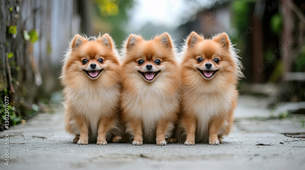 Three adorable Pomeranian dogs sitting side by side on a path, smiling and looking at the camera. Concept of pets, friendship, and companionship. Three adorable Pomeranian dogs sitting side by side on a path, smiling and looking at the camera. Concept of pets, friendship, and companionship.