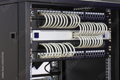 An Ethernet data switch connected to patch panels using patchcords. Installed in a telecommunications rack. 