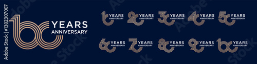 collection anniversary 10 to 100 year logo designs. abstract number for celebration event, wedding, greeting card, and invitation, vector illustration