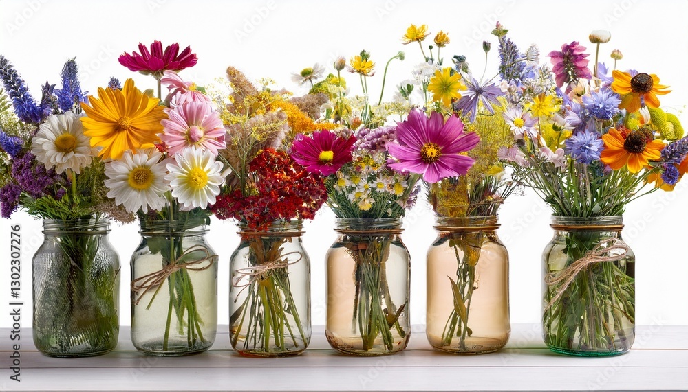 Obraz premium Colorful wildflower bouquets in rustic glass jars