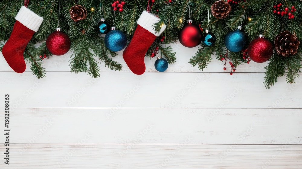 Christmas garland border with ornaments, pine cones, berries and stockings on a white wood background with copy space. Christmas garland border with ornaments, pine cones, berries and stockings on a white wood background with copy space.