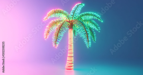 Pixelated neon palm tree glowing in vibrant green and pink against a soft blue background, evoking a retro-futuristic tropical vibe with digital pixel aesthetics