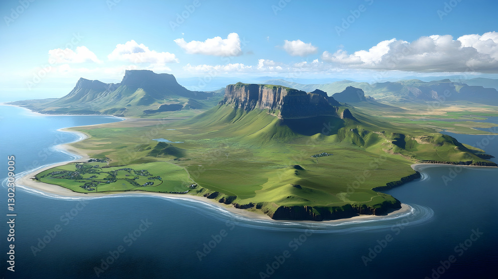 Fototapeta premium Coastal Island Aerial View Lush green landscape, dramatic cliffs, ocean backdrop, perfect for travel brochures