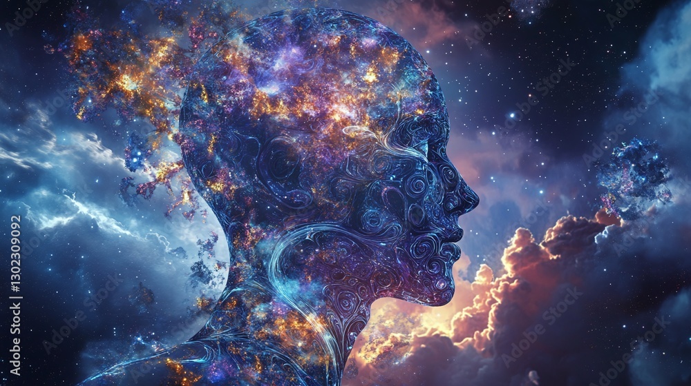 Obraz premium space galaxy in space with silhouette of human head and face