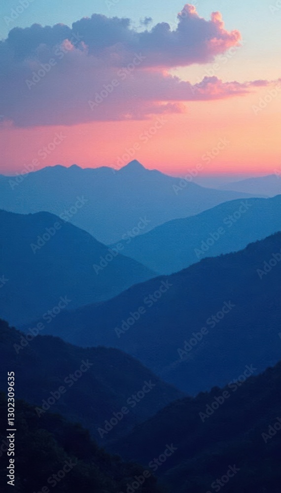 Layered blue mountains meet the horizon under a gradient sky at dusk, earthy, atmospheric, sky Layered blue mountains meet the horizon under a gradient sky at dusk, earthy, atmospheric, sky