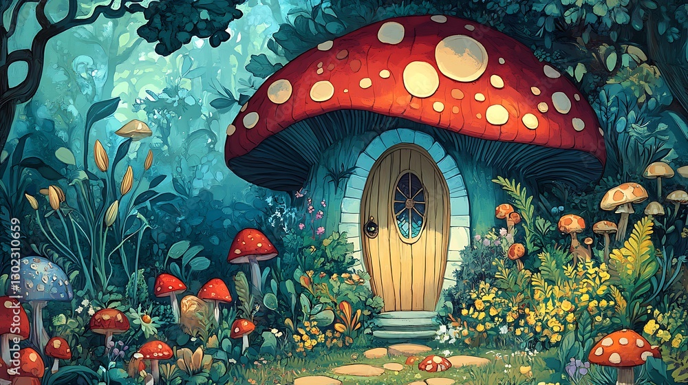 Obraz premium Enchanted Mushroom House Digital Painting: A Whimsical Forest Scene AI Generated