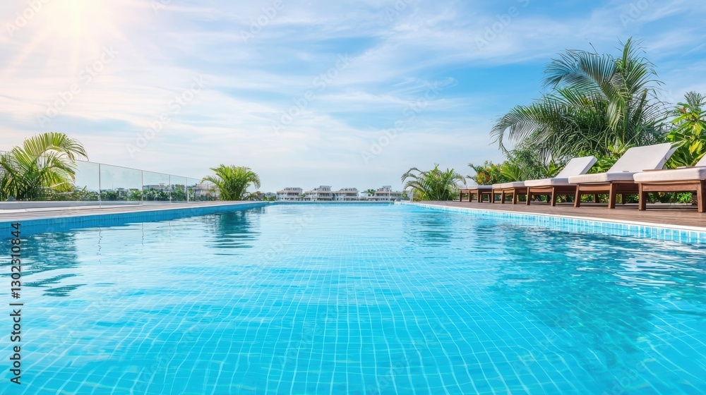Swimming pool with blue water and sunbeds. Concept of summer vacation, holiday, and travel. Swimming pool with blue water and sunbeds. Concept of summer vacation, holiday, and travel.