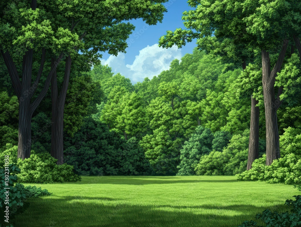 Lush green forest clearing under a bright blue sky with fluffy clouds Lush green forest clearing under a bright blue sky with fluffy clouds