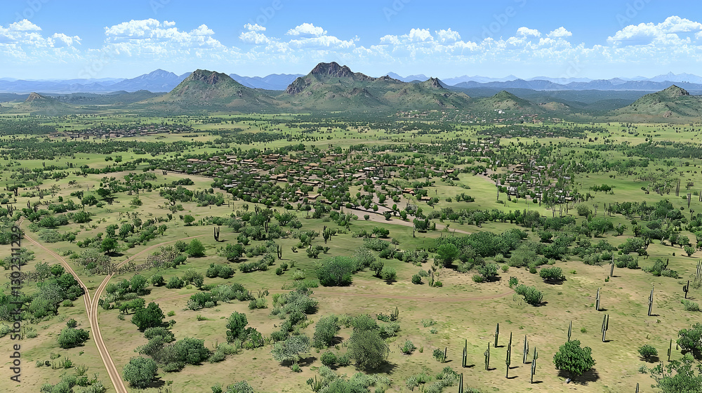 Fototapeta premium Aerial view of rural African village nestled in savanna, mountains in background, ideal for travel brochures