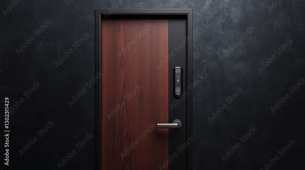Obraz premium Modern wooden door with a digital lock on a dark wall. Concept of security, technology, and design.