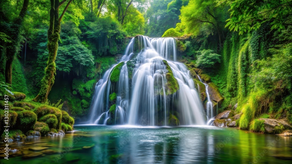 Fototapeta premium Waterfall cascading gracefully in the midst of a lush forest , cascade, waterfall, cascade, waterfall, plants, foliage