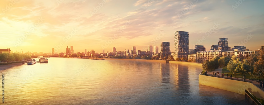 Naklejka premium Cityscape view over a river during sunset with vibrant colors