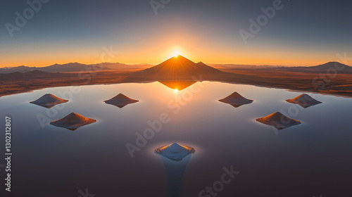 Wallpaper Mural Sunrise over salt flats, symmetrical pyramids reflected in calm water, Andean mountain range backdrop, perfect for travel brochures Torontodigital.ca