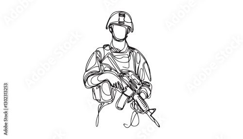 Continuous one single minimal line drawing military man
