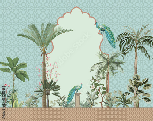 Mughal Garden, Mughal Mural design, Peacock, Arch, Seamless background.
