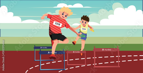 Two young boys, one mid - leap over a hurdle with determination and the other running close behind, are immersed in an exciting hurdle race on a vibrant track under a partly - cloudy sky.