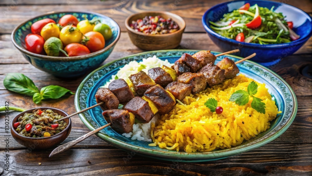 Juicy chunks of marinated lamb on skewers with a side of fluffy saffron-infused rice and steamed vegetables in a traditional Iranian setting, iranian food, traditional iranian cuisine Juicy chunks of marinated lamb on skewers with a side of fluffy saffron-infused rice and steamed vegetables in a traditional Iranian setting, iranian food, traditional iranian cuisine