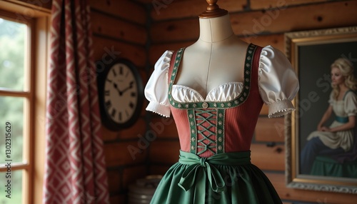 Traditional Dirndl dress displayed on a mannequin in a cozy interior, celebrating Oktoberfest