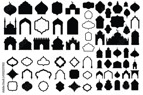 Islamic window shapes in oriental style. Set of black silhouette eid mubarak decorative arches, moroccan gates or mosque borders. Arabic muslim architecture frames, ramadan  elements
