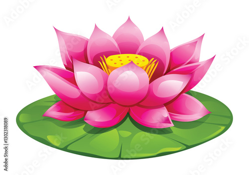 Pink lotus flower blooming on a lotus pad. Vector cartoon illustration