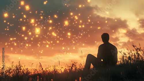 Man gazing at floating lights in a serene sunset sky near a grassy field, reflecting on dreams and possibilities in a moment of tranquility