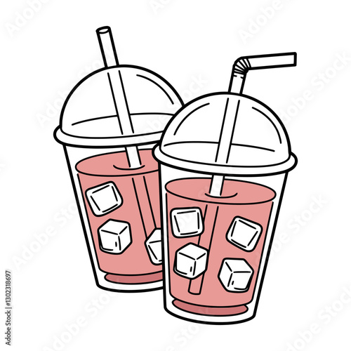 Refreshing Pink Iced Drink in Plastic Cups Illustration