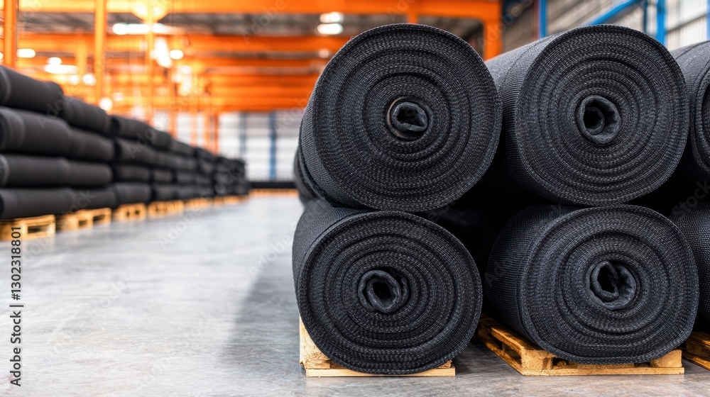 Rolls of black geotextile fabric stacked on pallets in a warehouse. Geotextile is used for soil stabilization, erosion control, and drainage. Rolls of black geotextile fabric stacked on pallets in a warehouse. Geotextile is used for soil stabilization, erosion control, and drainage.